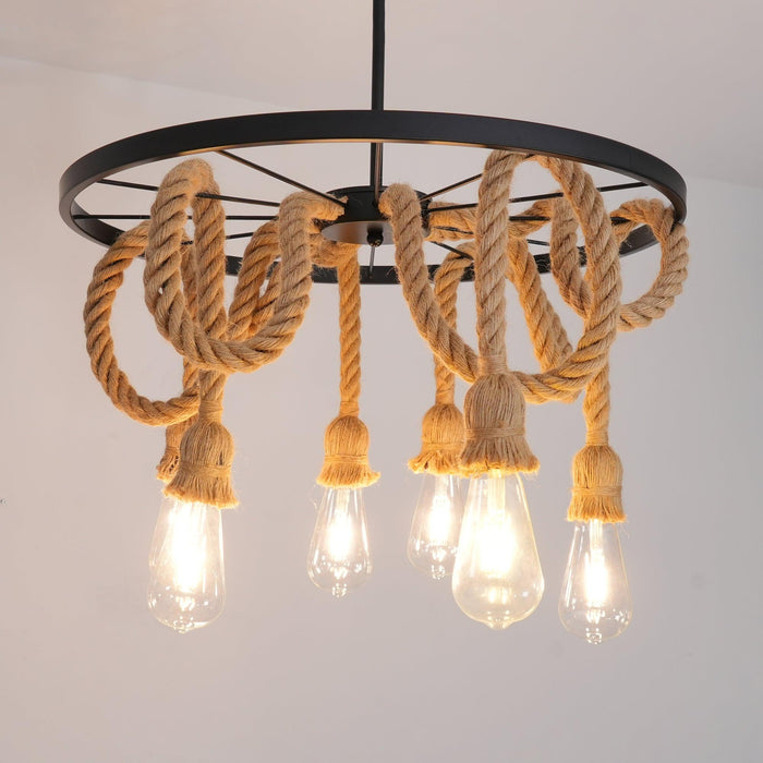 Hemp Rope Industrial Six Head Chandelier.