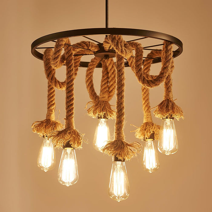 Hemp Rope Industrial Six Head Chandelier.