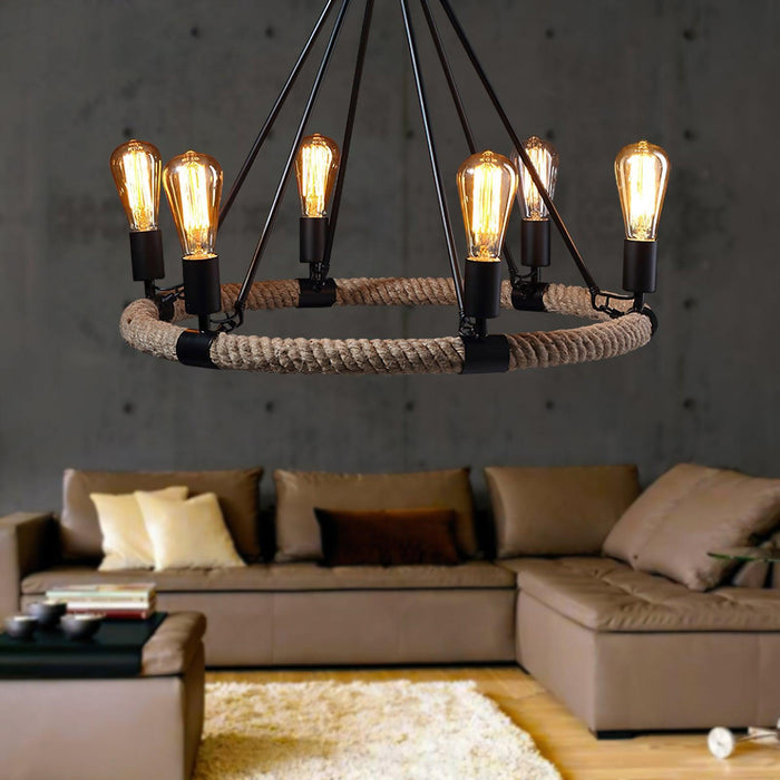 Hemp Rope Industrial Large Circle Chandelier - DWHOME