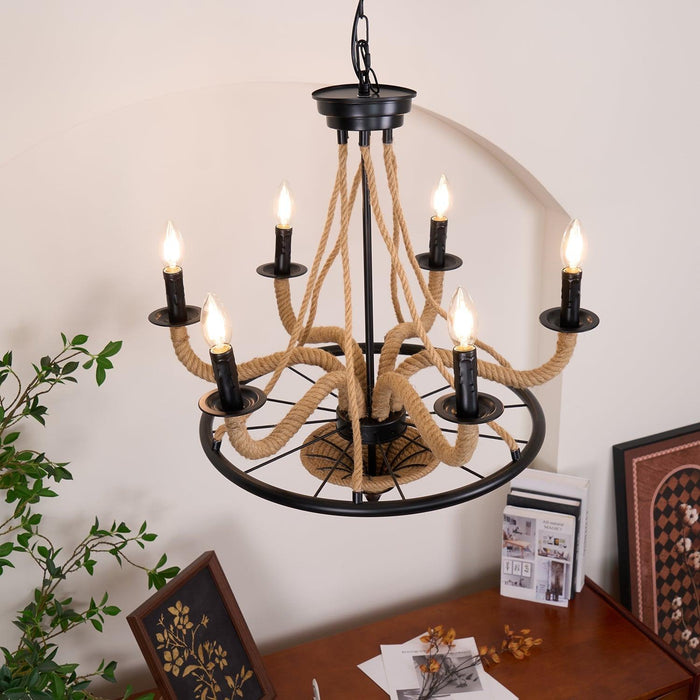 Hemp Rope Industrial Large Wheel Chandelier - DWHOME