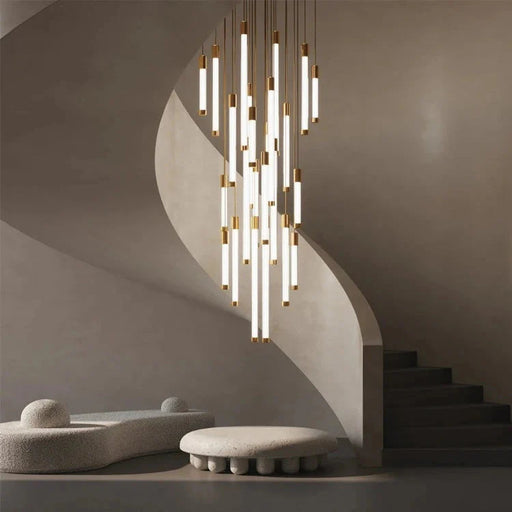 Kate Modern Gold Tube LED Staircase Chandelier.