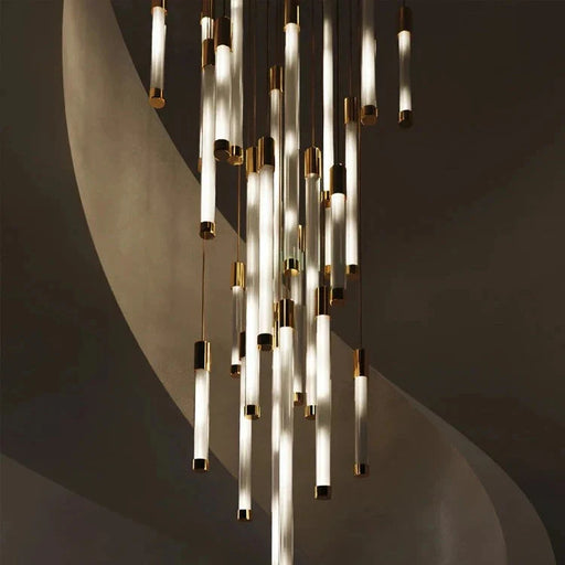 Kate Modern Gold Tube LED Staircase Chandelier.