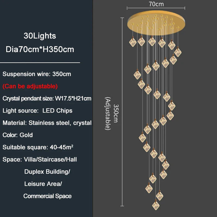 Modern Gold Long Spiral Crystal Chandelier for Staircase.