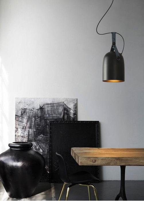 Kemi loft minimalist monochrome pendant light with strap handle.