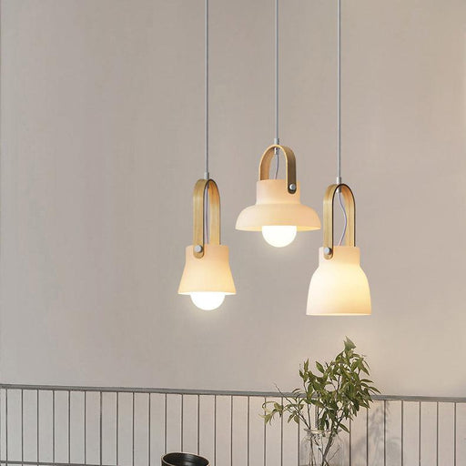 Skandi white milk glass wooden handle pendant light.