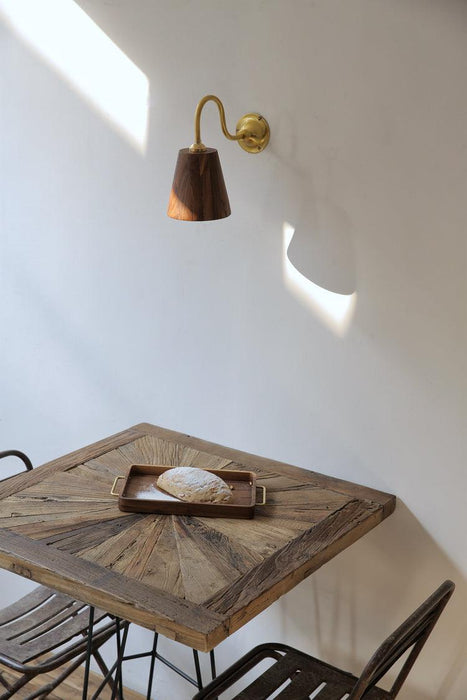 Oberon Wooden Shade Brass gooseneck arm Wall Light.