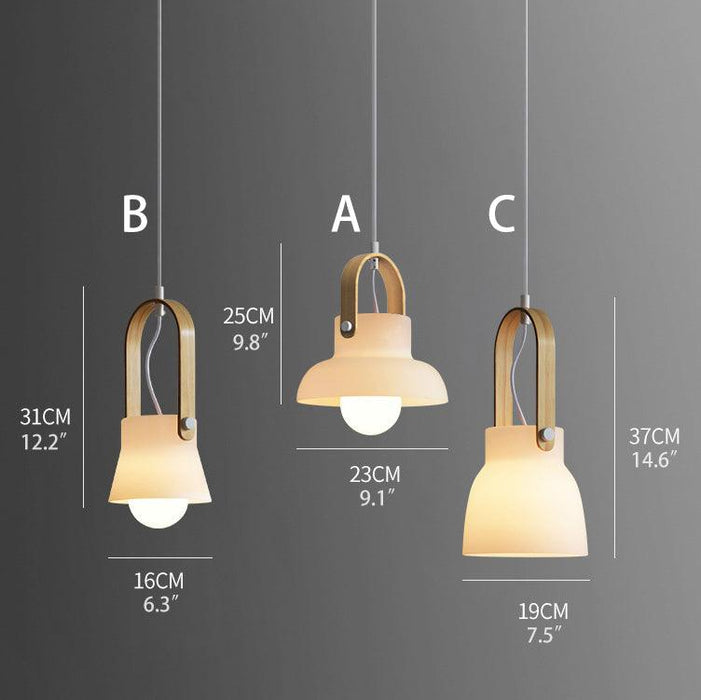 Skandi white milk glass wooden handle pendant light.