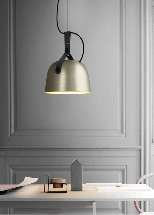 Kemi loft minimalist monochrome pendant light with strap handle.