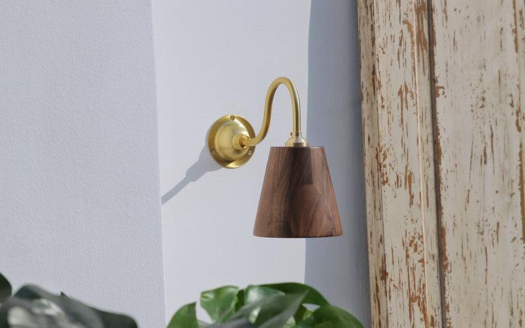 Oberon Wooden Shade Brass gooseneck arm Wall Light.