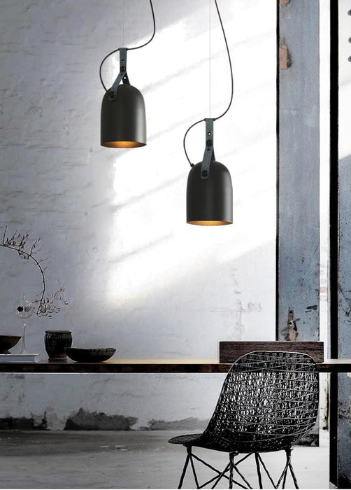 Kemi loft minimalist monochrome pendant light with strap handle.