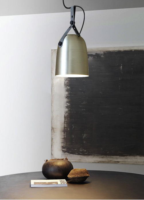 Kemi loft minimalist monochrome pendant light with strap handle.