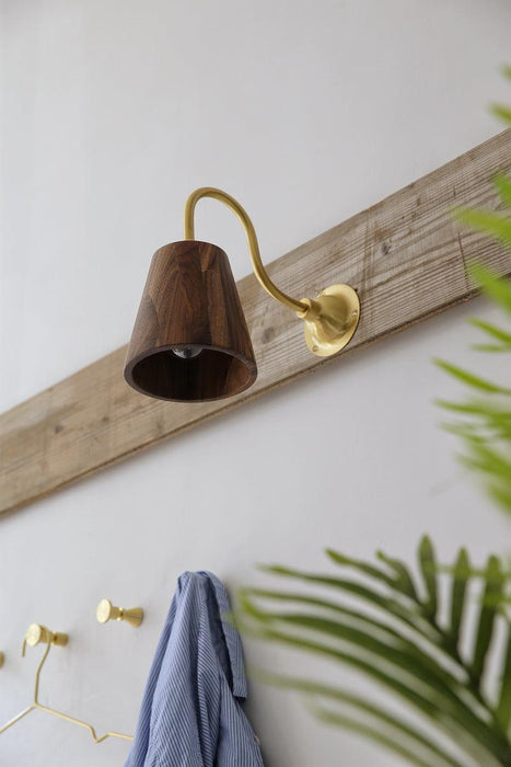 Oberon Wooden Shade Brass gooseneck arm Wall Light.