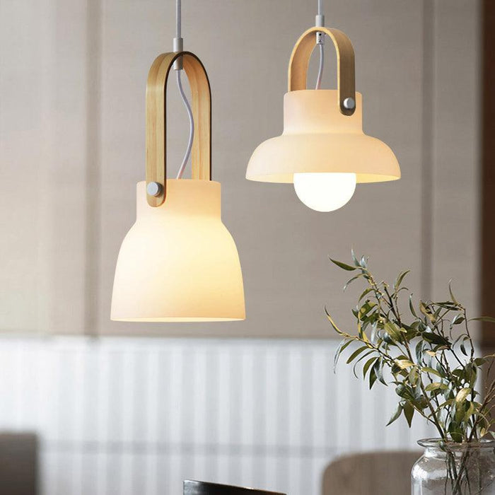 Skandi white milk glass wooden handle pendant light.