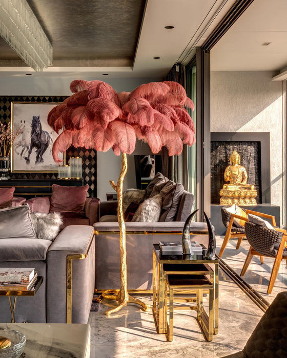 Ostrich Feather Brass Floor Lamp.