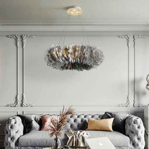 Round Feather Chandelier - White & Pink & Gray & Yellow.