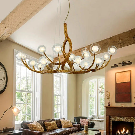 Rustic Farmhouse Branch Chandelier with Glass Orbs.