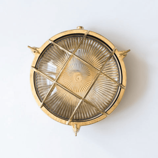 Nautilus Round Brass cage outdoor wall light / ceiling light.