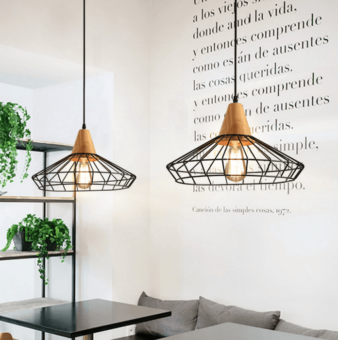 Sangkar Metal Cage Pendant Light With Wooden Base.