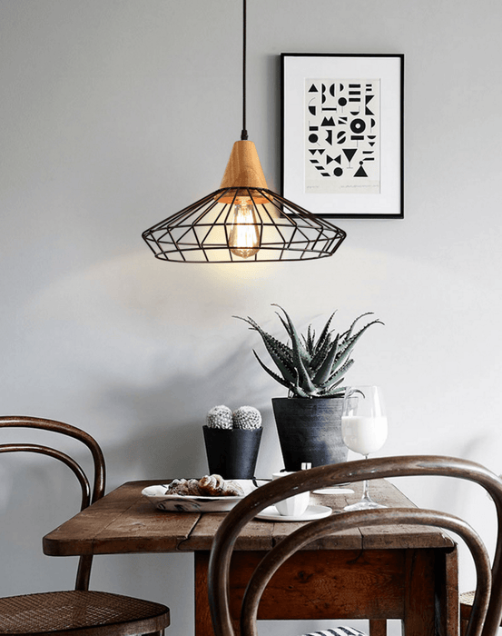 Sangkar Metal Cage Pendant Light With Wooden Base.