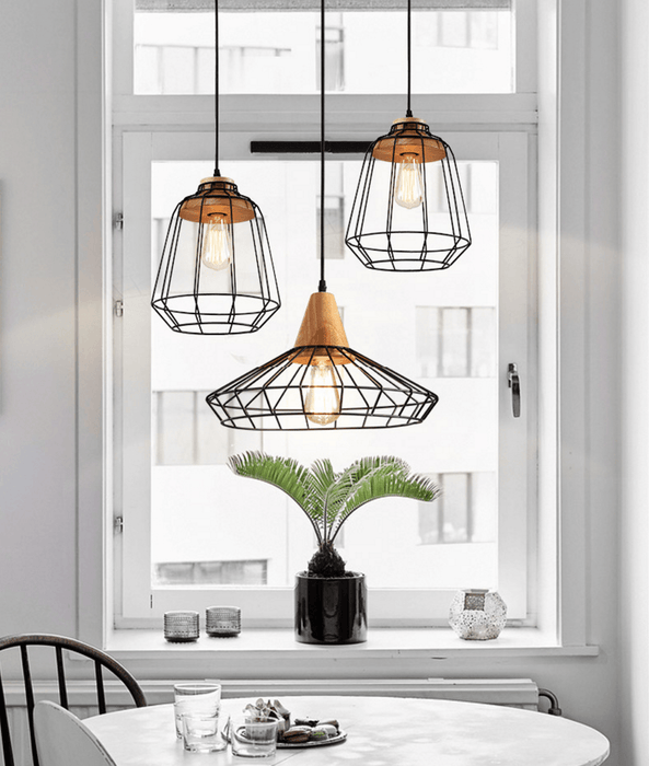 Sangkar Metal Cage Pendant Light With Wooden Base.