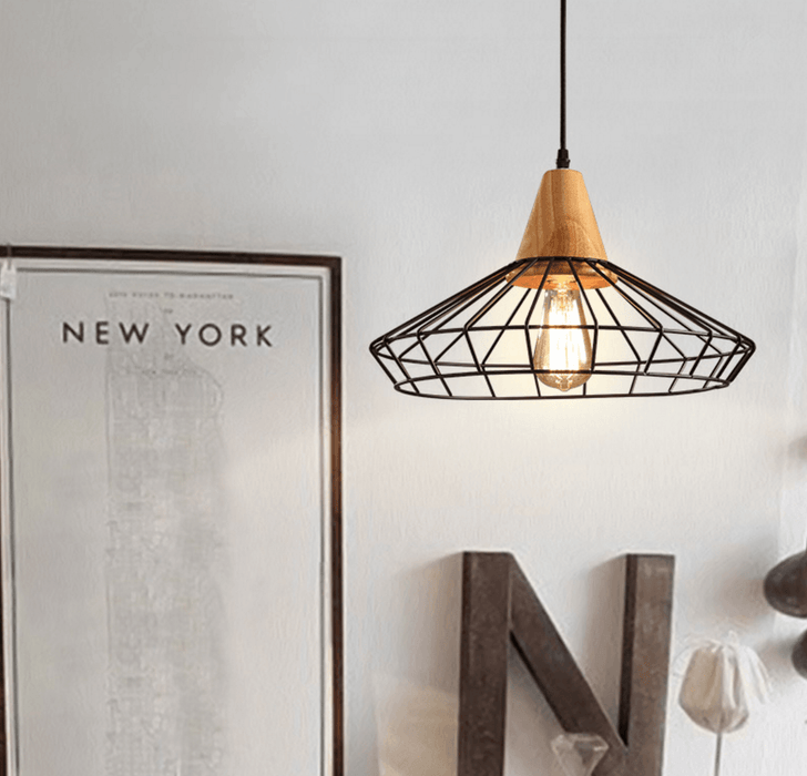 Sangkar Metal Cage Pendant Light With Wooden Base.