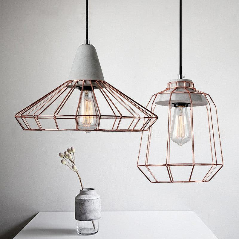 Sangkar Rose copper gold Cage Pendant Light With Concrete Base-DWHOME