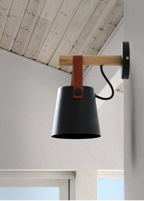 Nora Leather strap wooden scandi wall Light.