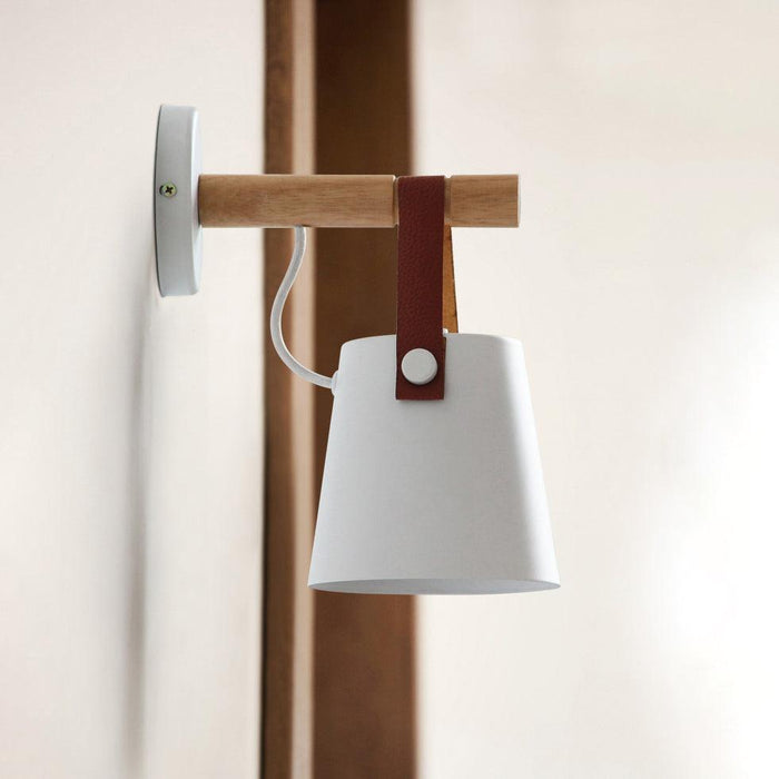 Nora Leather strap wooden scandi wall Light.