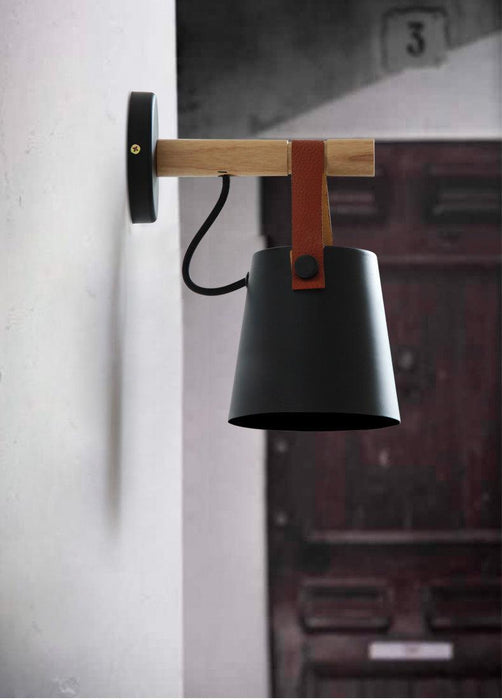 Nora Leather strap wooden scandi wall Light.