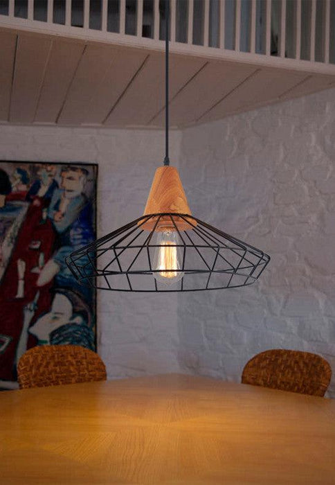 Sangkar Metal Cage Pendant Light With Wooden Base.