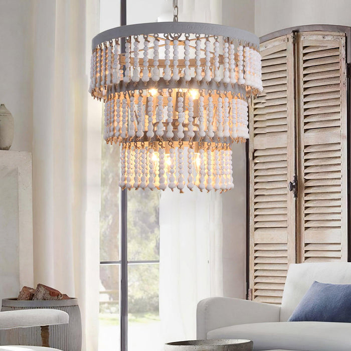 Three Tiered Wood Beaded Chandelier - DWHOME