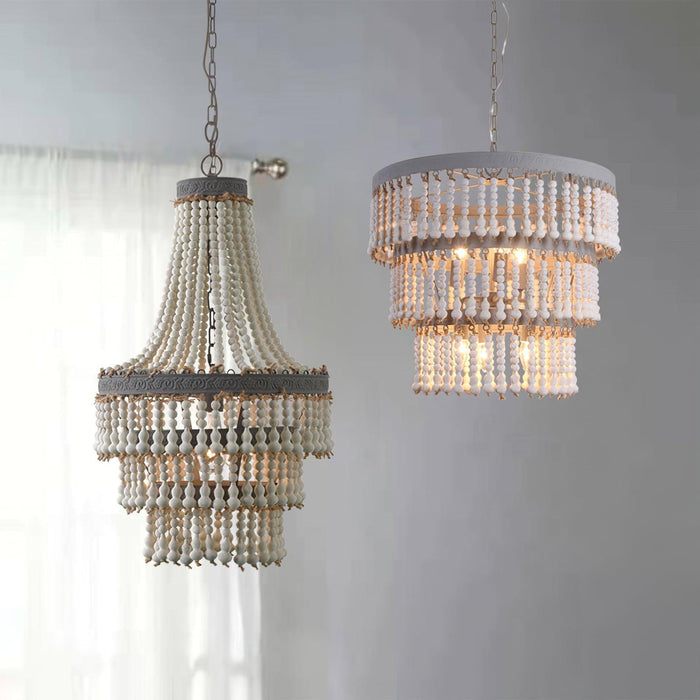 Three Tiered Wood Beaded Chandelier.