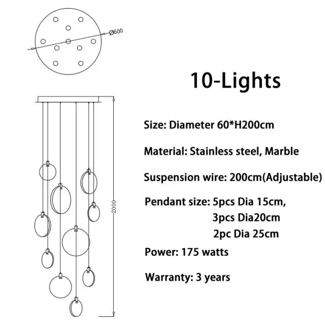 Tuya Marble Large Hanging Stairwell Lighting Chandelier.