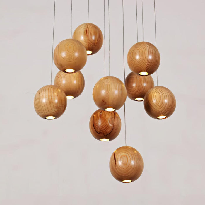 Wooden Orb Sphere Cluster Pendant Light.