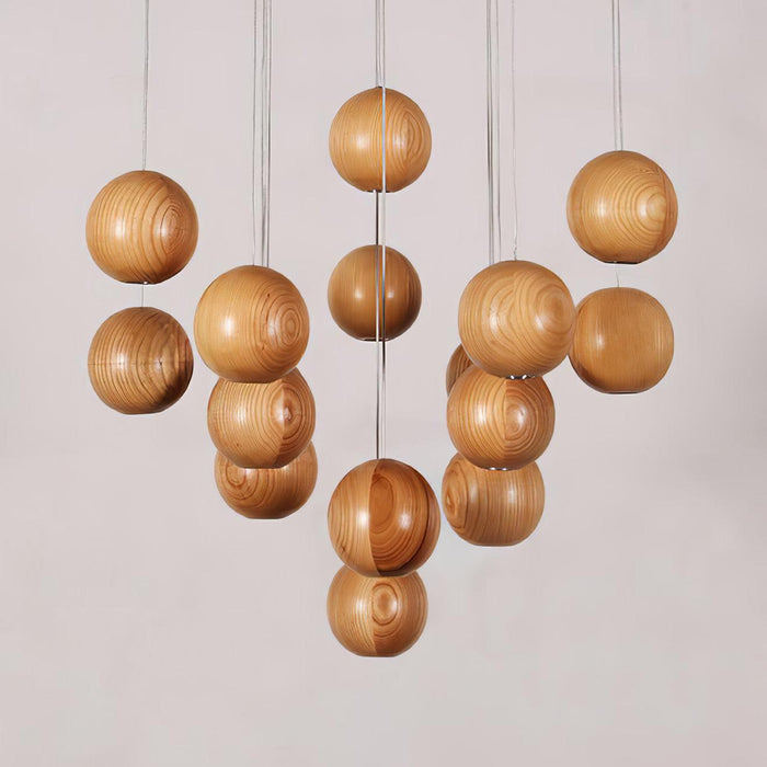 Wooden Orb Sphere Cluster Pendant Light.