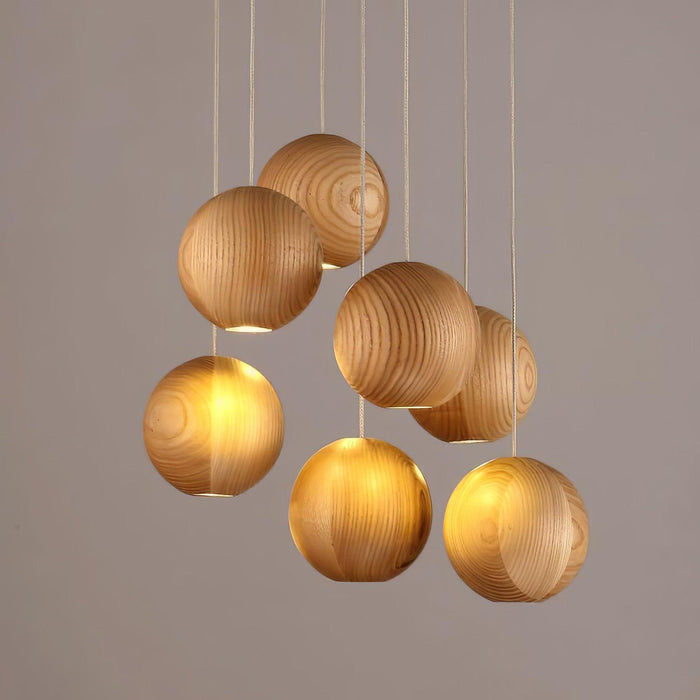 Wooden Orb Sphere Cluster Pendant Light.