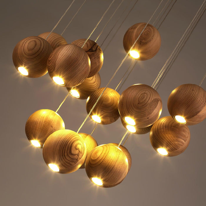 Wooden Orb Sphere Cluster Pendant Light.