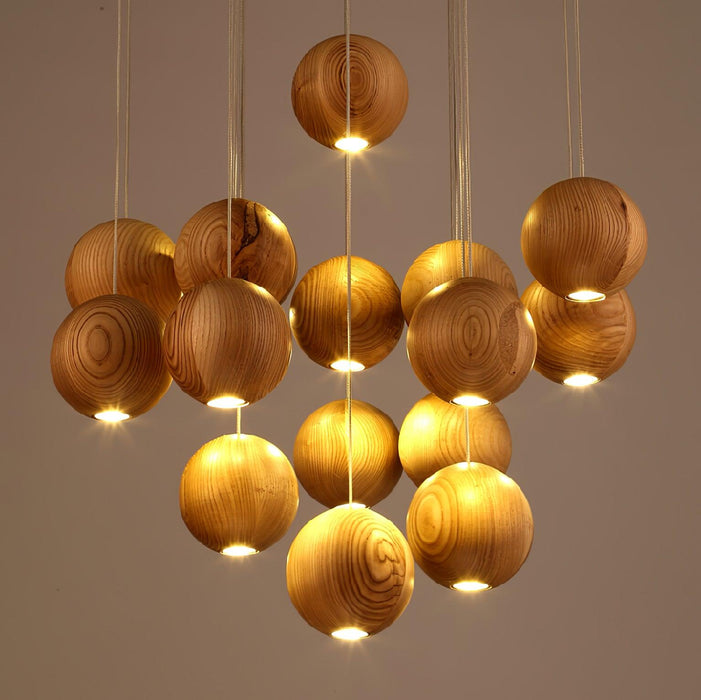 Wooden Orb Sphere Cluster Pendant Light.