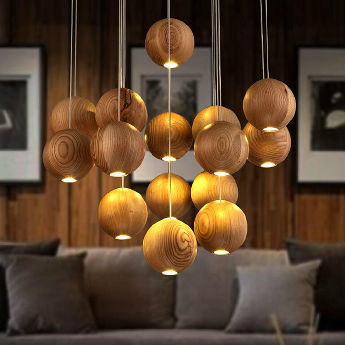 Wooden Orb Sphere Cluster Pendant Light.