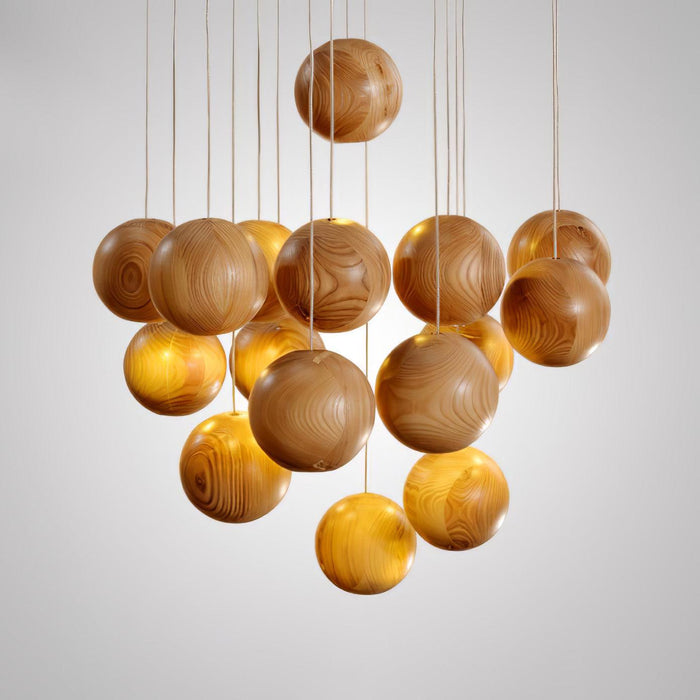 Wooden Orb Sphere Cluster Pendant Light.