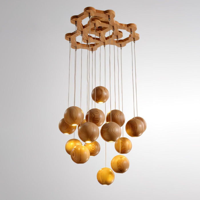 Wooden Orb Sphere Cluster Pendant Light.