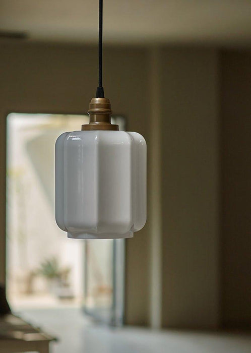 Art Deco Clarice Milk Glass Shade Brass Pendant Light.