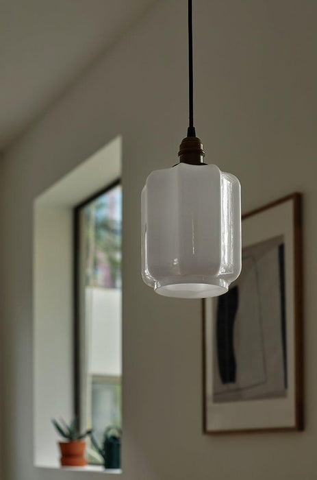 Art Deco Clarice Milk Glass Shade Brass Pendant Light.