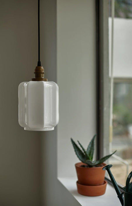 Art Deco Clarice Milk Glass Shade Brass Pendant Light.