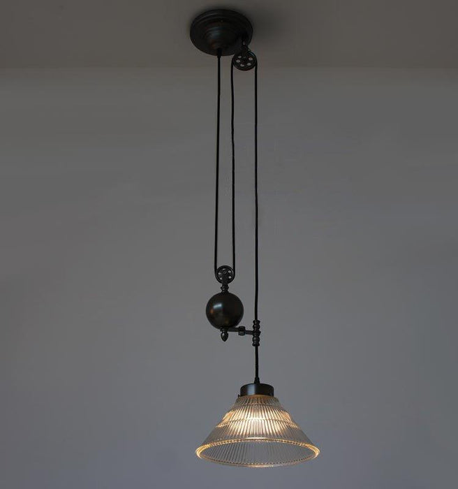 Bennet Ribbed Glass Shade Pulley Industrial Pendant Light.