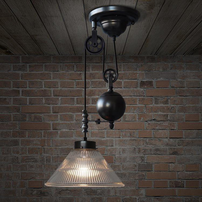 Bennet Ribbed Glass Shade Pulley Industrial Pendant Light.