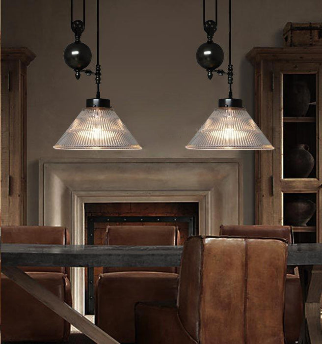 Bennet Ribbed Glass Shade Pulley Industrial Pendant Light.