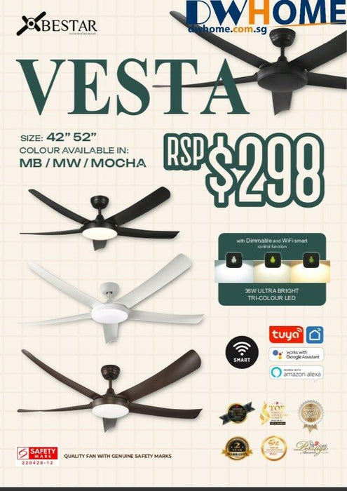 BESTAR dc ceiling fan VESTA 42inch 52inch ceiling fan with 36W LED tri-tone dimmable - DWHOME