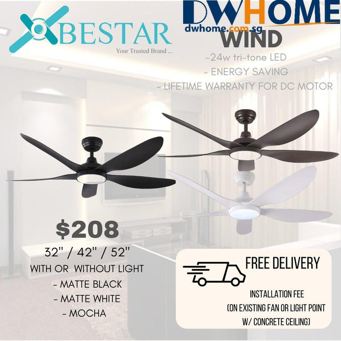 BESTAR dc ceiling fan WIND 32inch 42inch 52inch ceiling fan with LED light white black mocha - DWHOME