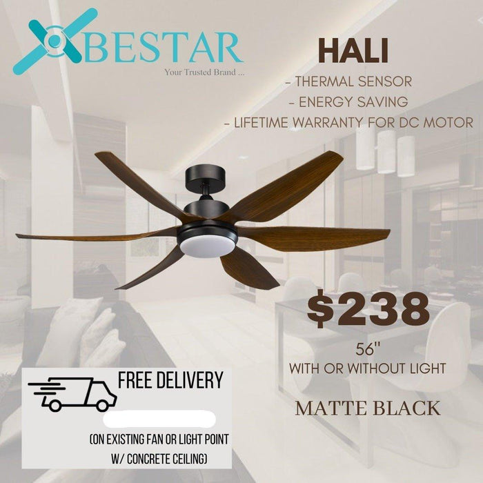 Bestar Hali 56'' dc ceiling fan with remote control, 3 tone lights, 6 blades - DWHOME